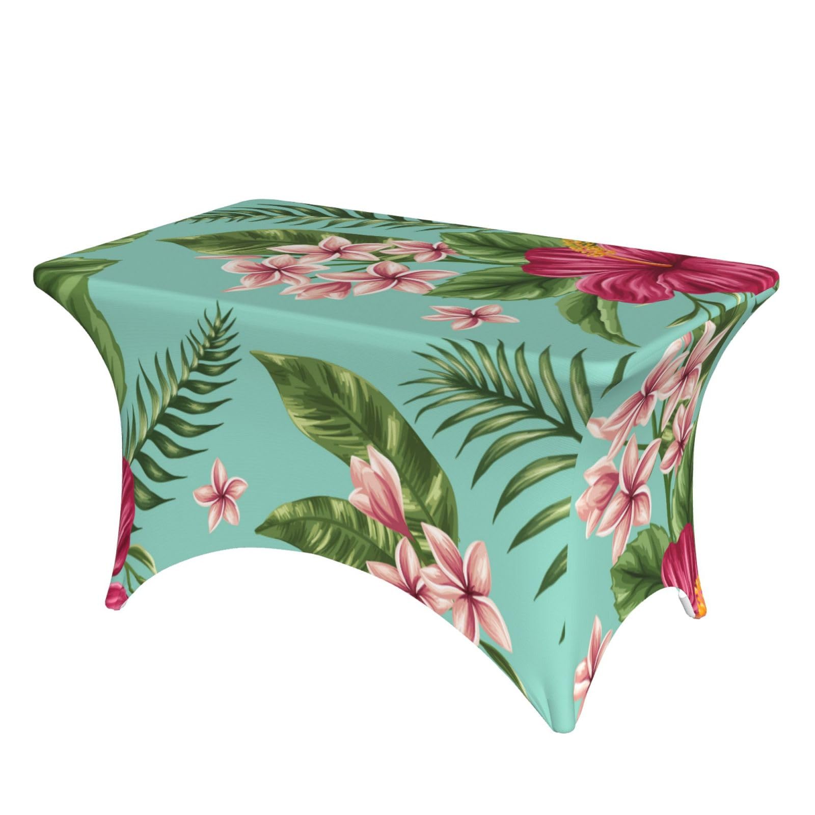 Dcehgew Hawaiian Tropical Leaves Flowers 4Ft Spandex Rectangular Table Cloth, Printed Fitted Elastic Tablecloths Washable Table Cover For Event, Wedding, Banquet & Party