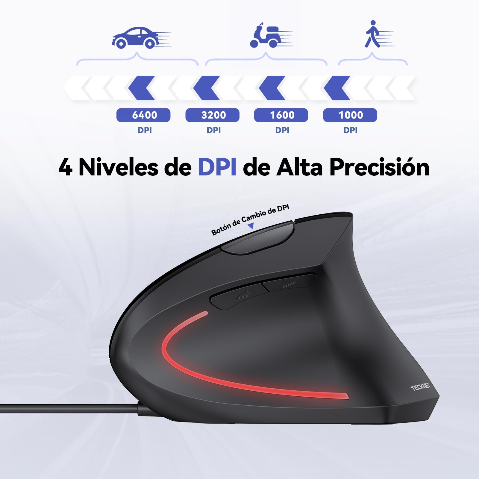 TECKNET Ratón Vertical con Cable Ergonómico Silencioso, 6400DPI 4 Niveles Ajustables, USB 1,5 m, 6 Botones, para Laptop, Desktop, PC, Macbook (Negro)