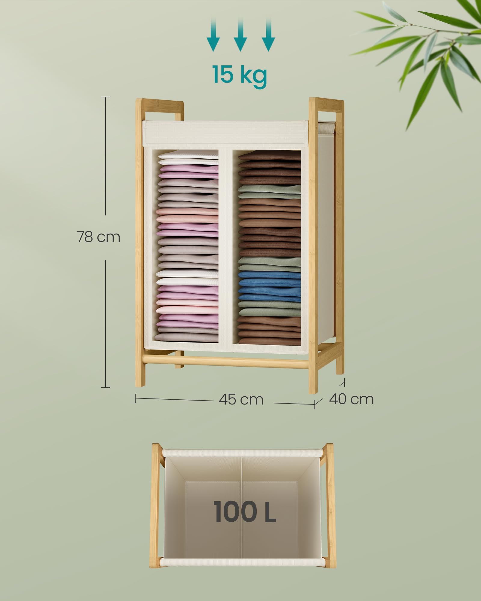 SONGMICS Cesto para Ropa Sucia de 2 Compartimentos, Marco de Bambú, Tapa Reforzada y Extraíble, Bolsa Interior Desmontable, 100 L, Blanco Crema RLH102WD01