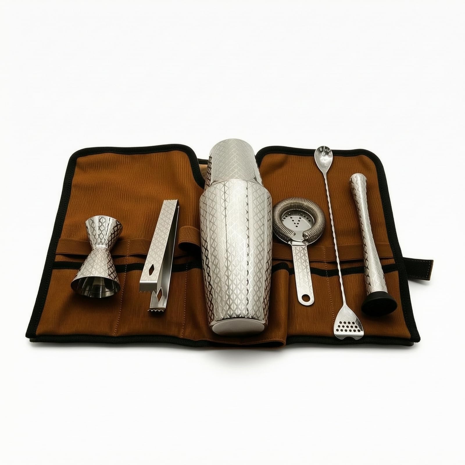 7 Pezzi Kit da Bar con Borsa Professionale Kit da Cocktail con Borsa Completo Shaker Accessori per Barman, Casa, Set Da 7 Pezzi Boston Con Motivo A Rombi Inciso, Senza Base