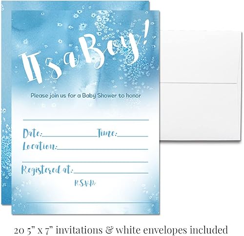 Miniatura 4 de Amanda Creation El paquete de fiesta de baby shower de niño de acuarela azul incluye 20 invitaciones con sobres + 4 tamaños diferentes de