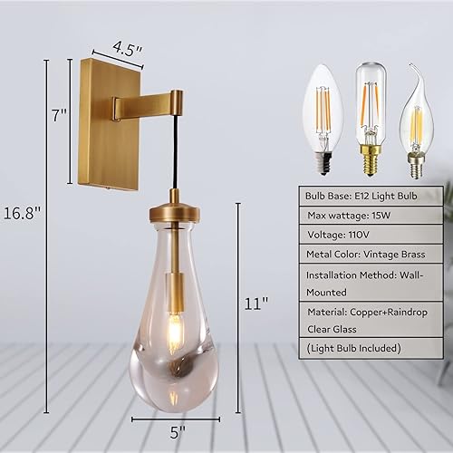 Miniatura 6 de Aplique de Pared de Latón, Sombra de Vidrio Moderna en Forma de Gota de Lluvia, Bombilla LED Regulable E12, Se Adapta a Baño, Cambiador, Sala de