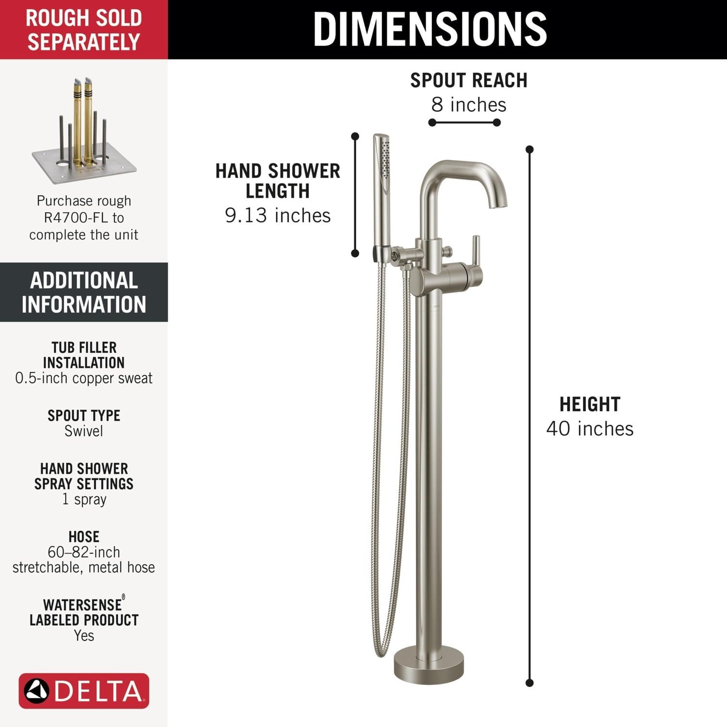 delta faucet trinsic floor mount tub filler - freestanding roman tub spout with handheld shower - flexible shower hose - double check valves - stainless, t4754-ssfl (rough sold separately)