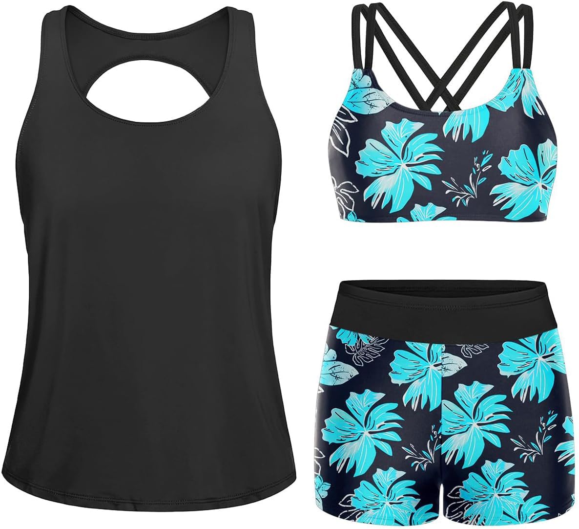 Yonique 3 Piece Tankini Swimsuits for Women Bathing Suits with Boy Shorts and Swim Tank Top Bra Modest Swimwear