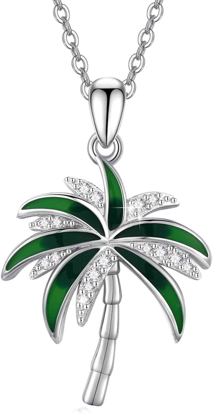 Cuoka S925 Sterling Silver Coconut Tree Necklace For Men Women Palm Tree Ocean Beach Sea Pendant Necklaces Jewelry For Men Women Unisex Valentine's Day