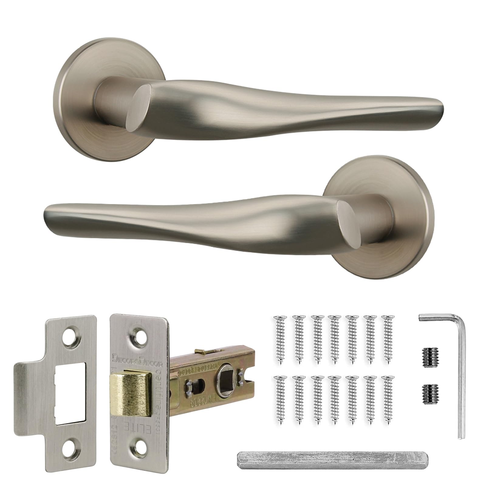 Decoranddecor Nanda Satin Nickel Door Handles - Aluminium Door Lever Sets Silver Internal Door Handles with Tubular Mortice Latch - Nanda Range