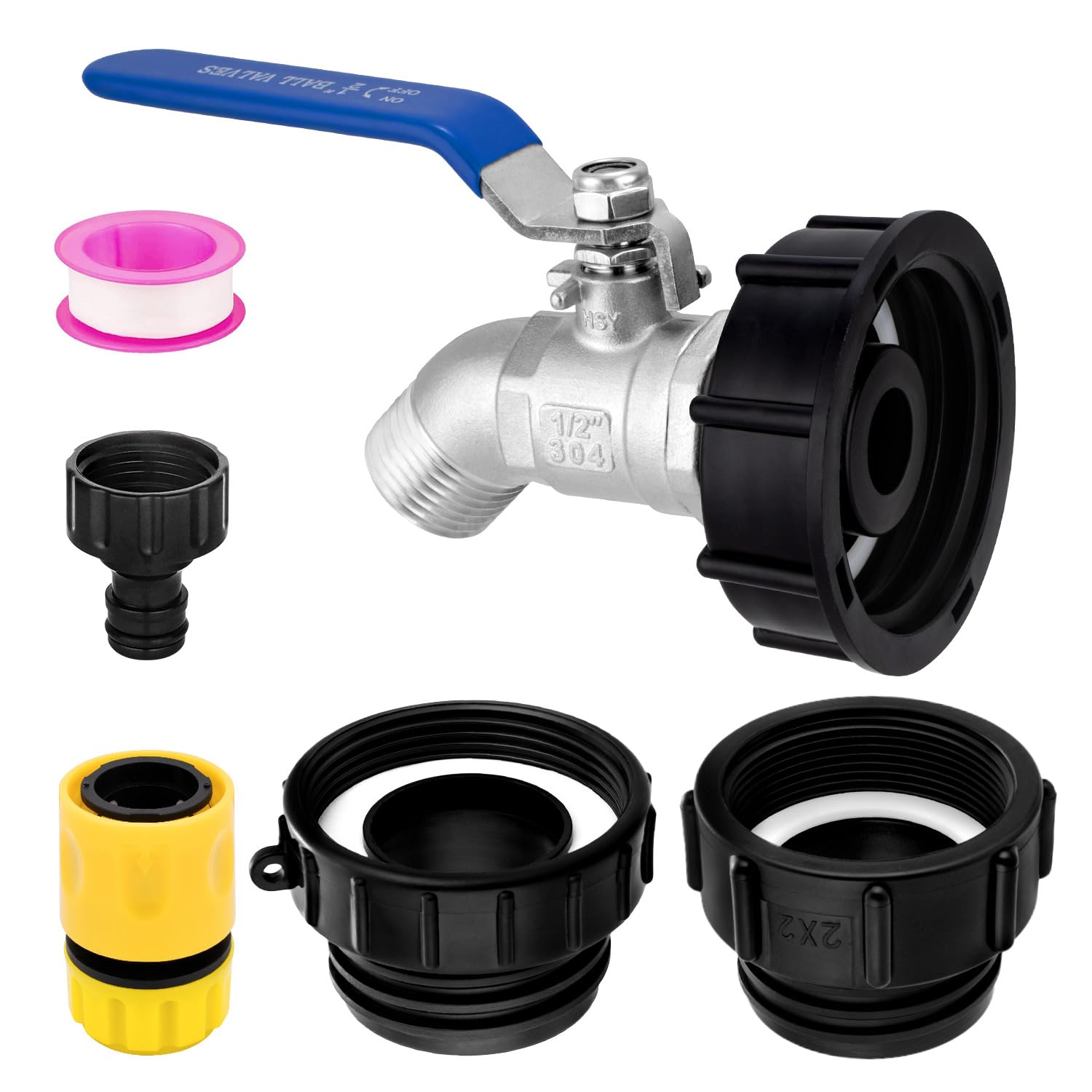 TianTianUp 3-Size IBC Tote Hose Adapter Set for 275-330 Gallon Tanks, Includes 2.44" Fine, 2" Fine & 2" Coarse Thread + Lead-Free 1/2" 304 Stainless