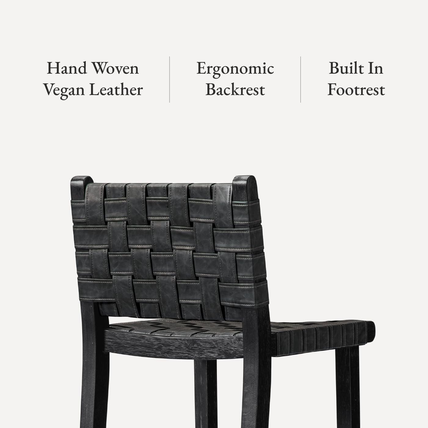 Maven Lane 30" Noah Barstool with Back - Modern Solid Wood Bar Height Chair with Artisan Woven Black Finish and Dark Grey Faux Leather Barstools for Kitchen Island, Dining Area