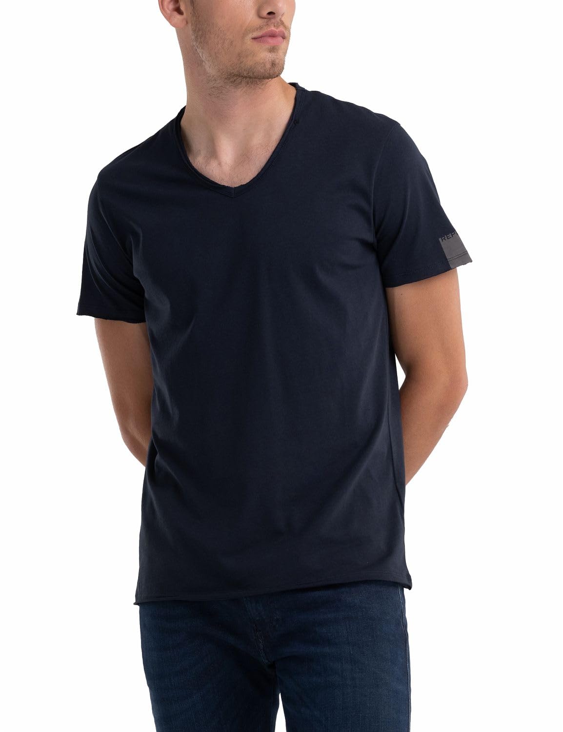Replay men's short-sleeved T-shirt with V-neck, blue (Midnight Blue 576), L