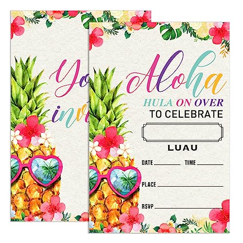 UDNADKEX Birthday Invitations Luau Party for Girl with Envelopes, Summer Tropical Birthday Party Invites, Hawaiian Aloha Birthday Invite Pineapple Cards, Hula on Over to Celebrate, 4"x6" Set of 20