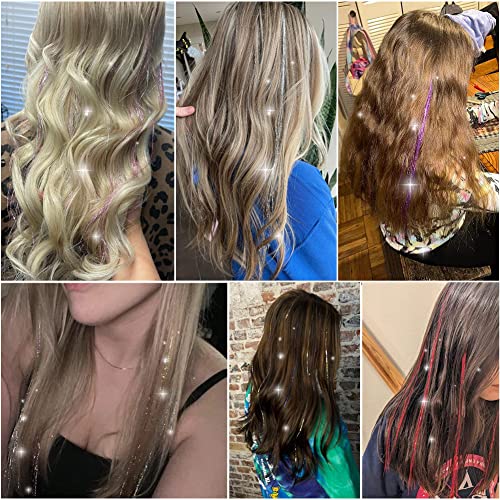 Silver Hair Tinsel Kit With Tools, Fairy Hair Tinsel Heat Resistant Tinsel Hair Extensions 47Inches Glitter Hair Extensions Sparkling Shiny Hair Tensile For Women Girls 1100Strands (Silver) #TOP5