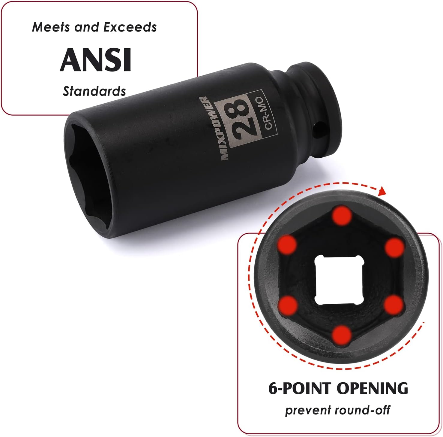 MIXPOWER 1/2-Inch Drive Deep Impact Socket - 28mm, Metric, CR-MO, 6-Point, Deep, 1/2"Dr. Axle Nut Socket Impact Grade for Easy Removal