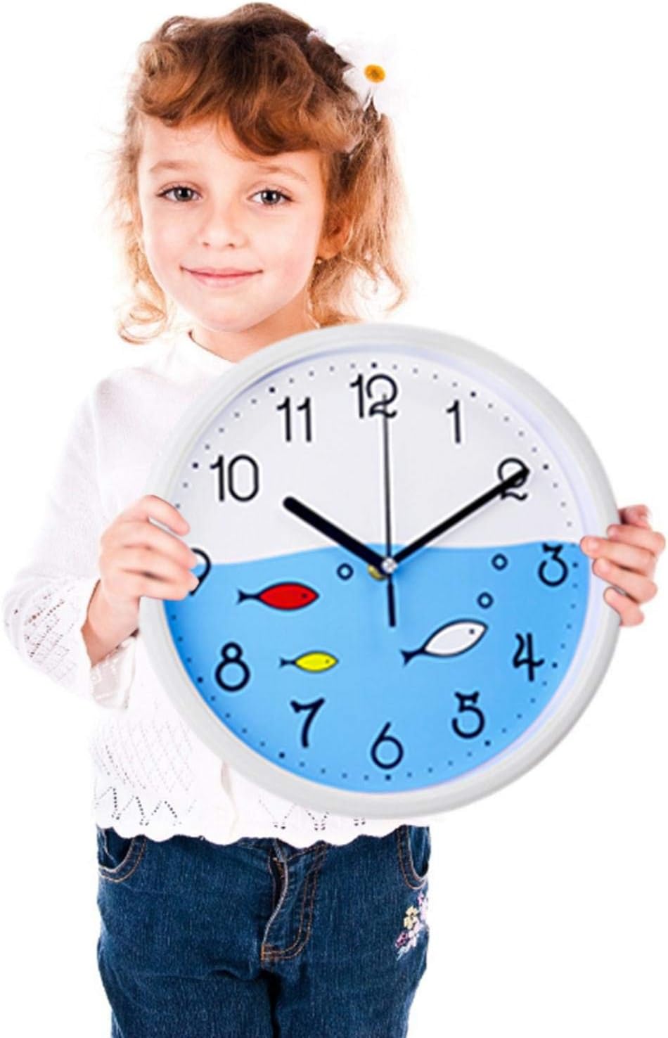 CampHiking 9 Inch Kids cartoon wall clock Silent living room bedroom clock cute children's watch cartoon clock quartz clock with White Frame and Ocean Fish Non-Ticking Quality Quartz Battery Operated