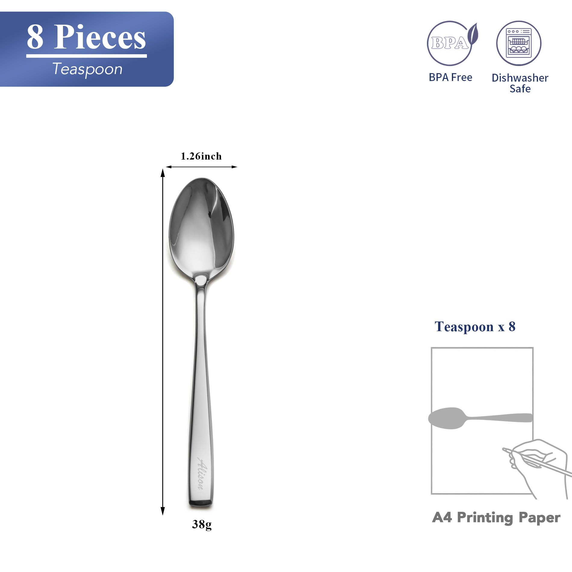 EIUBUIE 8 Pieces Personalized Teaspoons Set, Custom Text Engraved Spoons Silverware, Premium Stainless Steel Dessert Spoons, Durable Small Spoons, 6.77 Inch Teaspoons, Dishwasher Safe