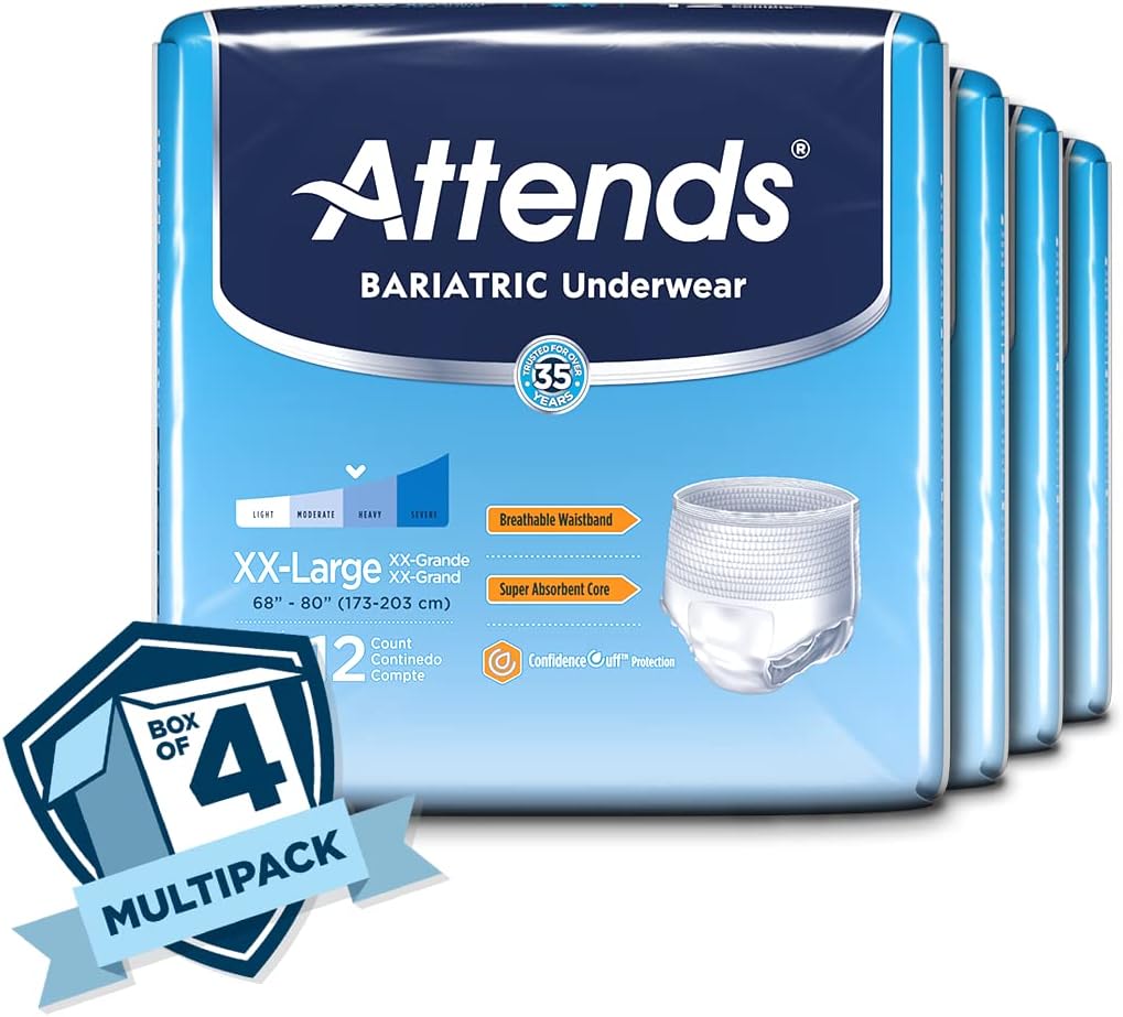 Attends Bariatric Protective Underwear with DermaDry Technology for Adult Incontinence Care, XX-Large, Unisex, 48 Count : Health & Household