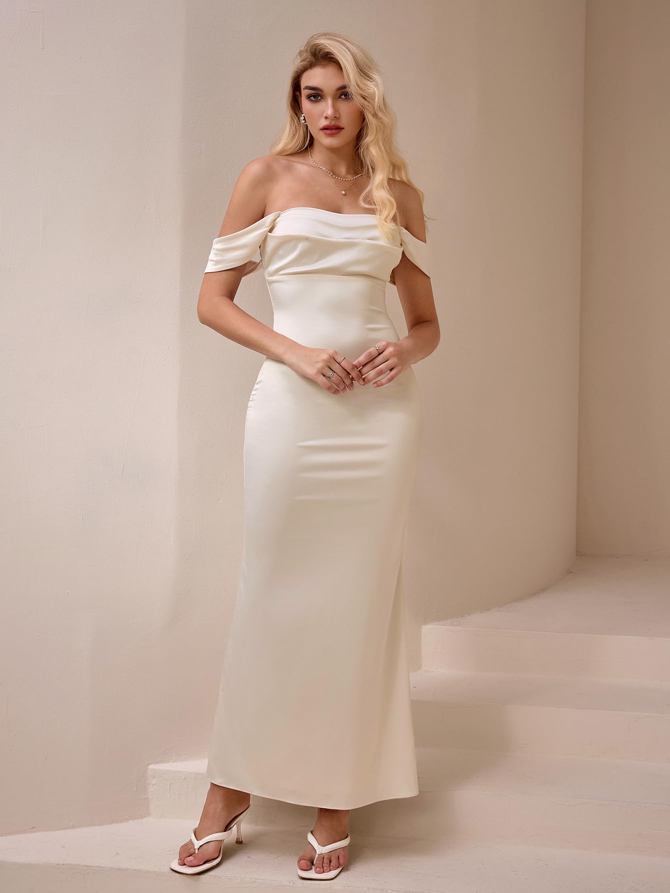 KUTUMAI Women Off Shoulder Satin Maxi Dress Elegant Ruched Bodycon Long Cocktail Formal Wedding Guest Dresses