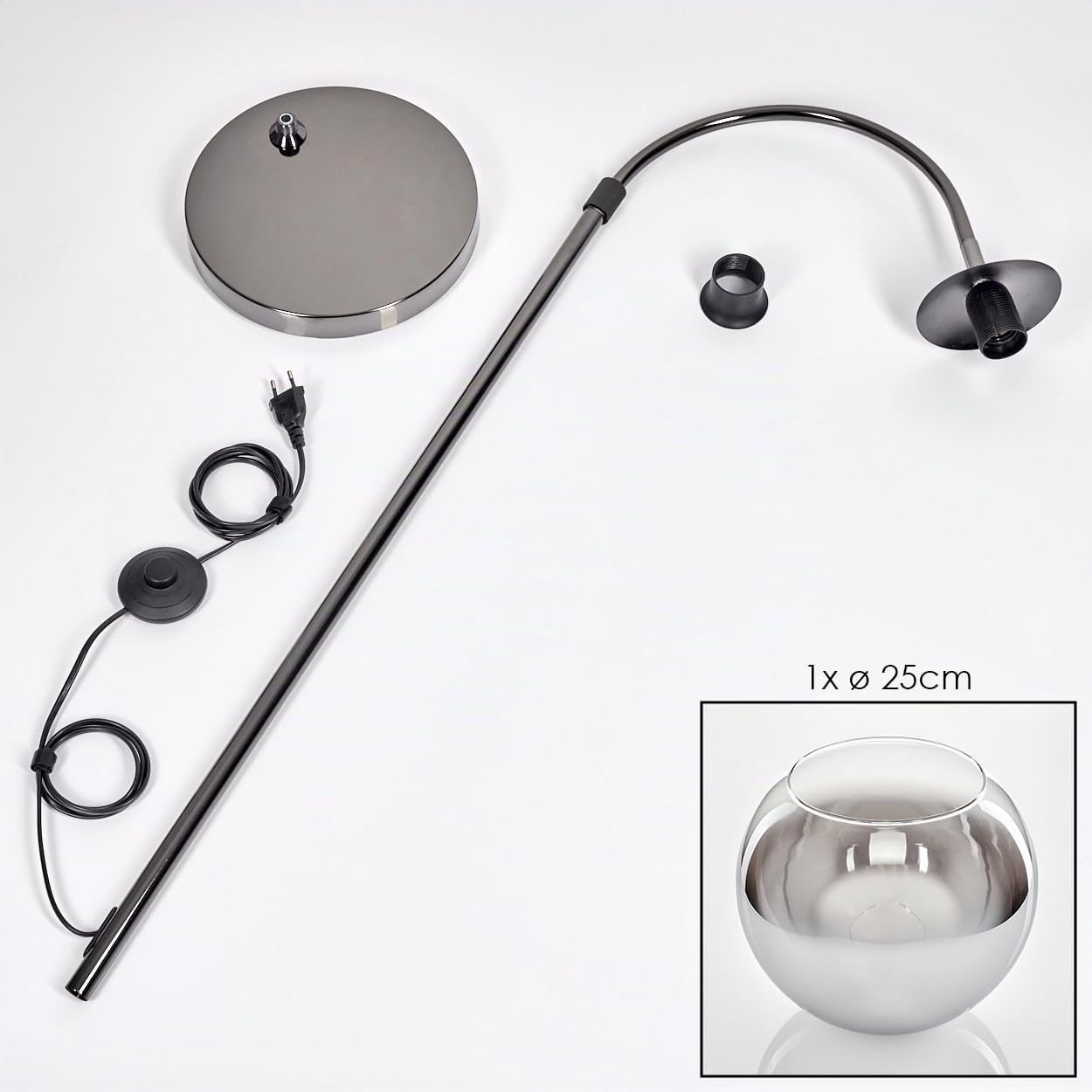HOFSTEIN Stehleuchte Koyoto, Stehlampe aus Metall/Glas in Schwarz/Chrom/Rauch/Klar, verstellbare Leuchte im Retro/Vintage-Design, Ø 25 cm, Fußschalter, 140 cm, E27, Wohnzimmer, Schlafzimmer, Flur