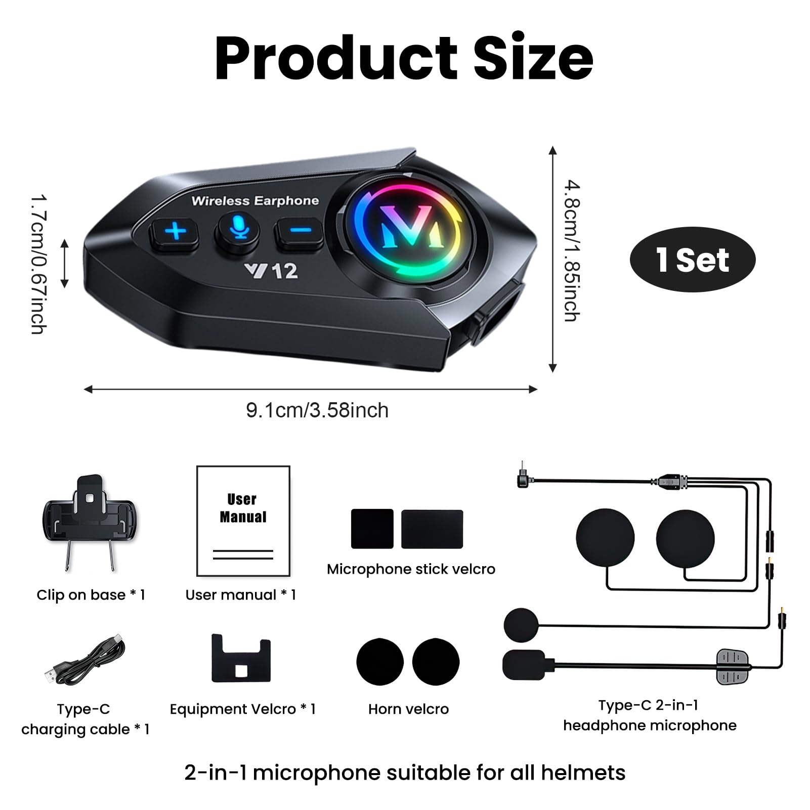Écouteurs Moto Bluetooth 5.4, Kit Casque Moto Double Suppression du Bruit avec Assistant Vocal, IP65 Étanche, Éclairage RGB Appels HD, HiFi Musique et Navigation en Même Temps pour Tous les Casques