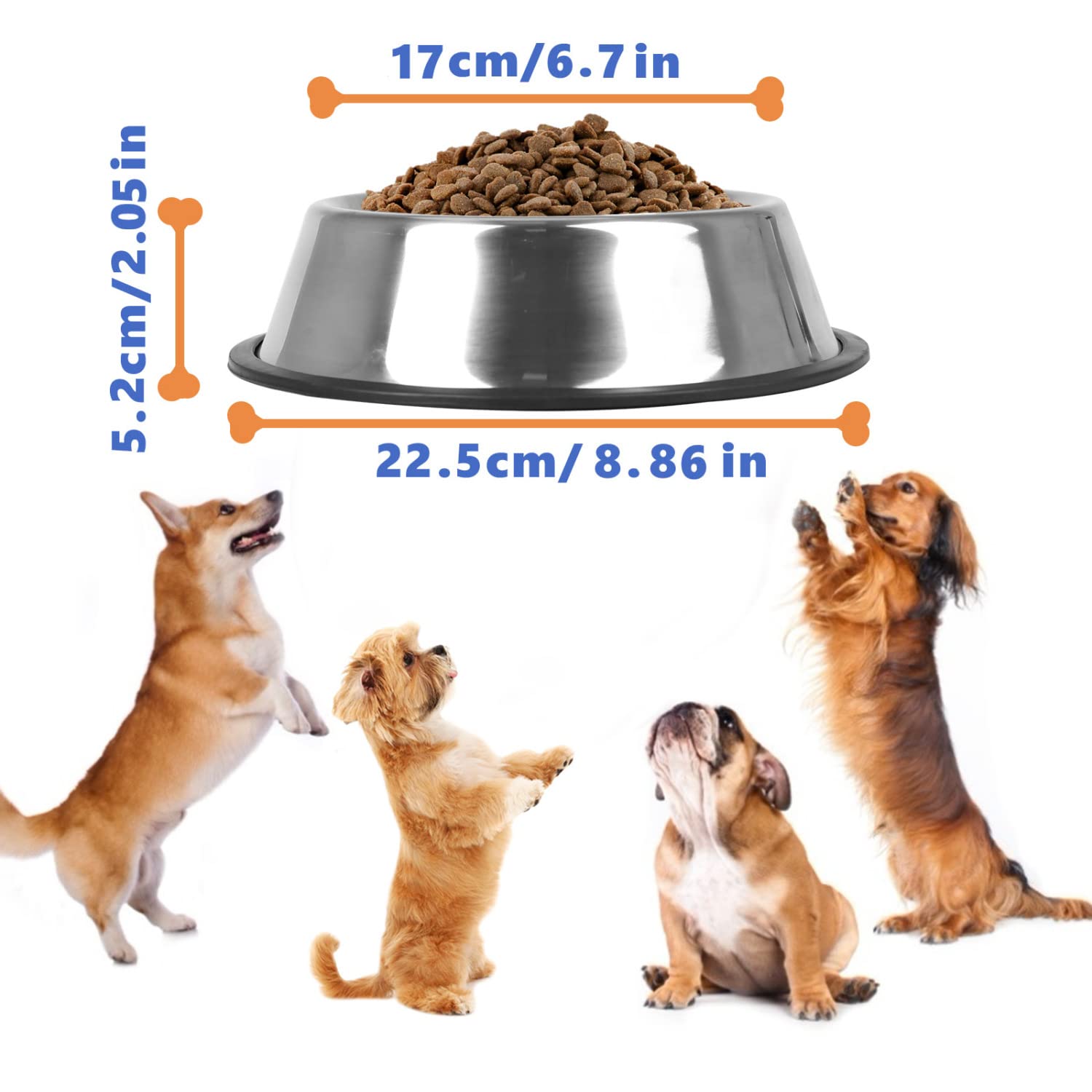Nobleza - 2 Unidades Cuenco para Perros de Acero Inoxidable， Perros Antideslizante Tazón， Cuenco para Mascotas De Acero Inoxidable con Base De Goma Antideslizante para Perros Medianos/Grandes 22.5 CM