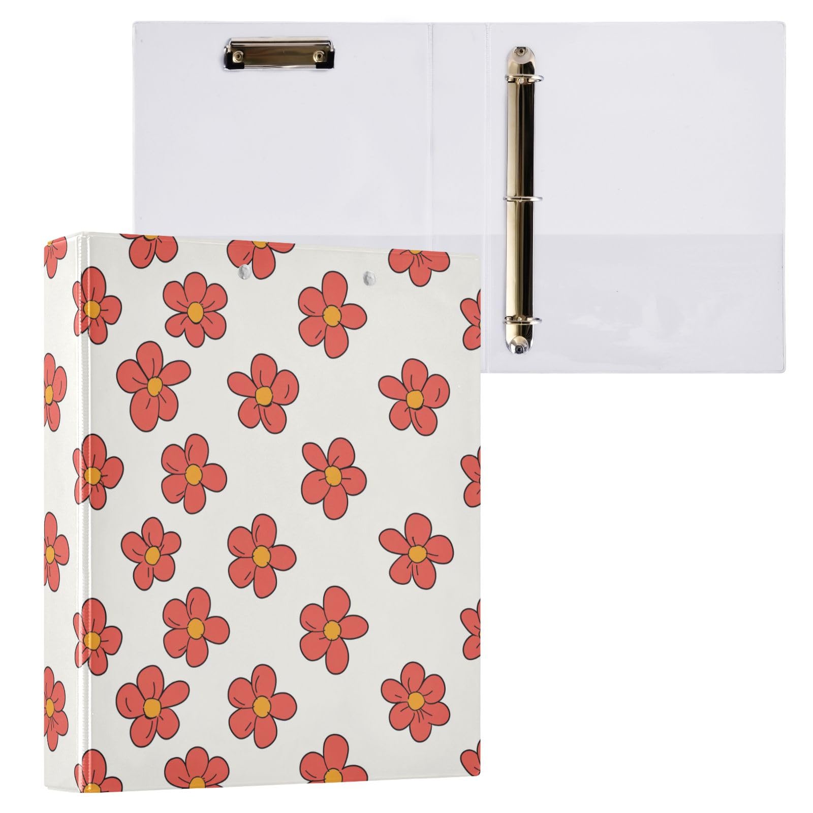 Raccoglitore a 3 anelli con motivo floreale rosso, piccolo, rotondo, da 3,8 cm, contiene 200 fogli con 3 tasche interne in PVC trasparente, per scuola e ufficio