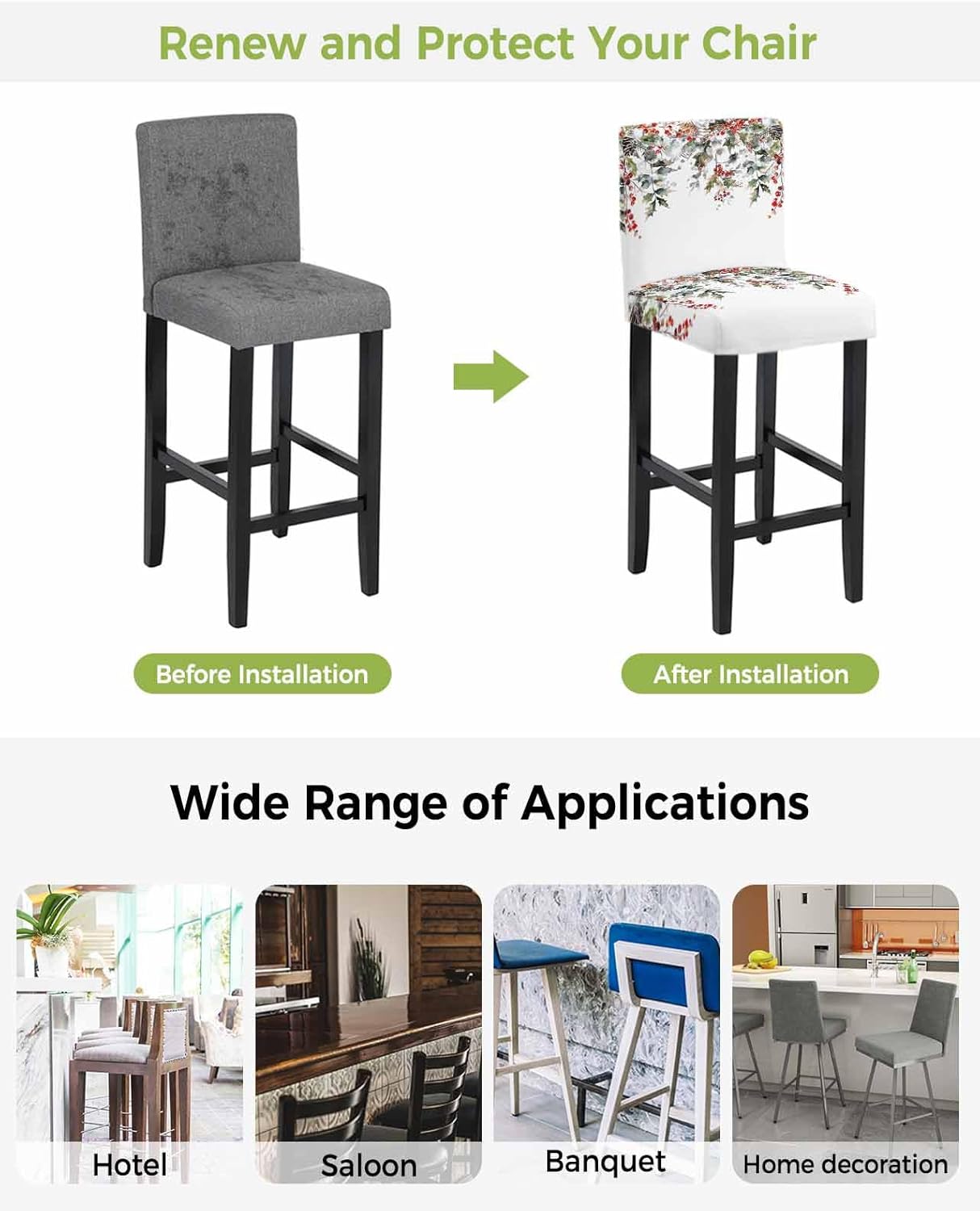 Savannan Bar Stool Cover Set of 4, Christmas Holly Leaves Branch Berry Winter Pine Needles Pine Cone Removable Dining Chair Slipcover for Restaurant Cafe Furniture Bar Counter Stool Chair Cover