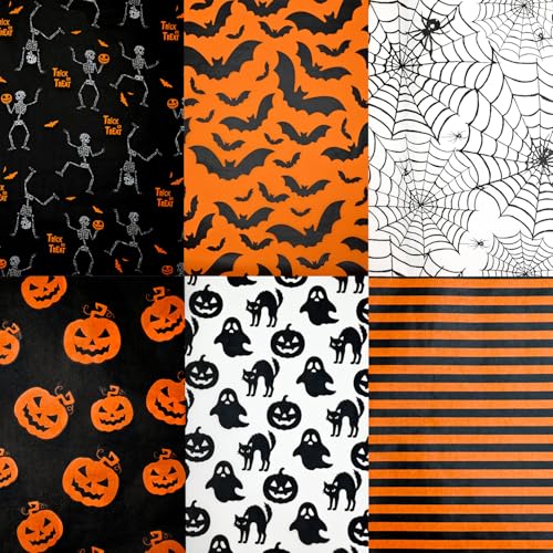 Adurself 120 Sheets Halloween Tissue Paper 14X20 Black Orange Wrapping Paper with Ghost Pumpkin Bat Spider Pattern Art Packing for Halloween Birthday Party Gift Bag DIY Crafts (6 Patterns)