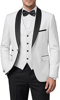 Mens 3 Piece Tuxedo Set with Bow Tie, One Button Shawl Lapel Jacket Vest Pants, Slim Fit Suit Party Wedding Prom Tux