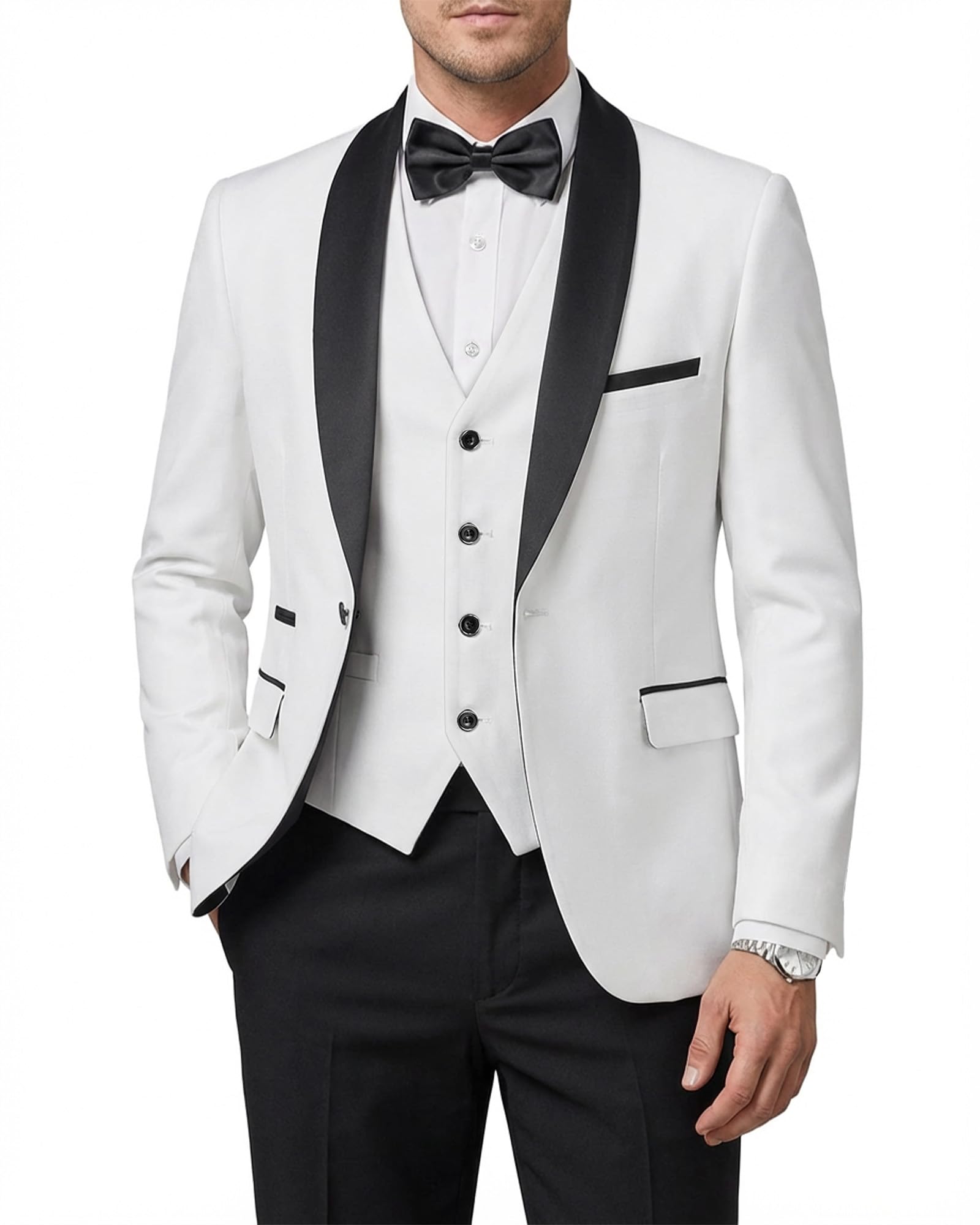 hihawk Mens 3 Piece Tuxedo Set with Bow Tie, One Button Shawl Lapel Jacket Vest Pants, Slim Fit Suit Party Wedding Prom Tux-picture-17