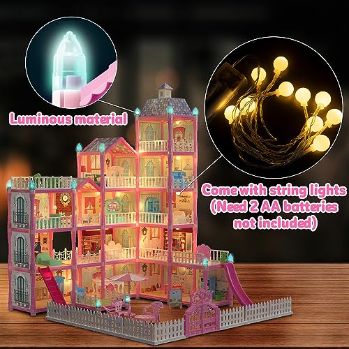 (13 Rooms) 292 Pcs Dollhouse Building Playset, Pink Princess Castle Playhouse With Dolls, Furniture, Accessories, Pretend Play Dreamhouse Toys For 3 4 5 6 7 8 9 10 Years Old Girls Kids Toddlers Gifts #TOP4
