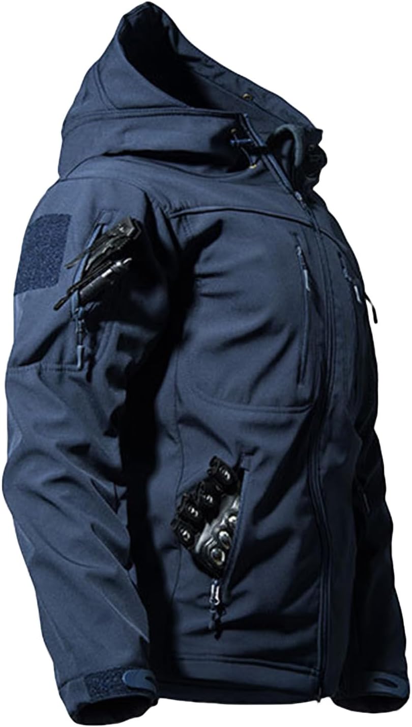 FQZWONG Mens Tactical Jacket Waterproof Windproof Outdoor Soft Shell Hooded Coat Fashion Military Jacket With Mult Pockets