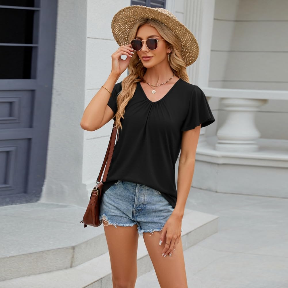 3-częściowy zestaw damski T-shirt z krótkim rękawem z dekoltem w serek modny top trend cienki na co dzień lato liść lotosu rękawy plisowane ubrania, 3 szt. - 4, M