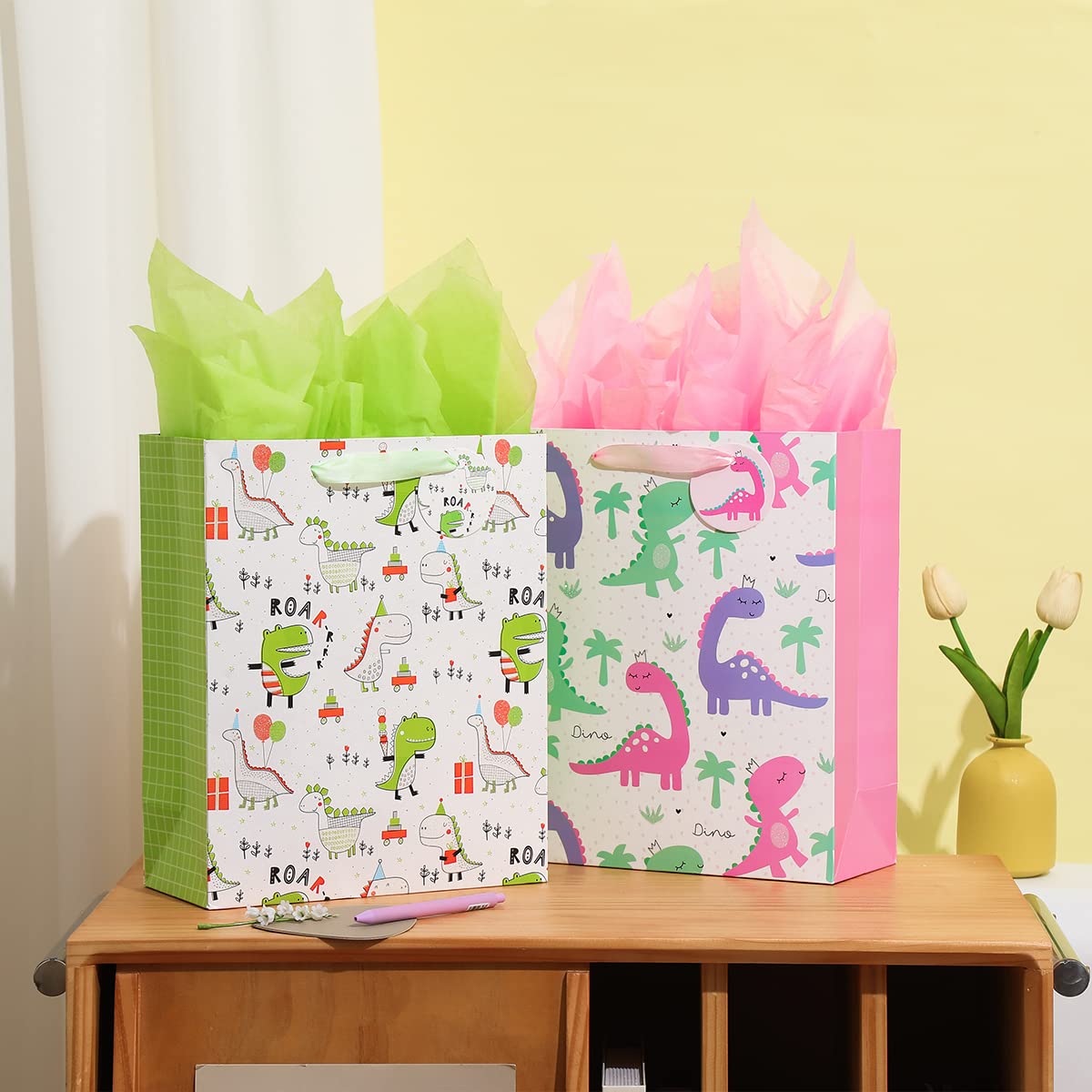 Vammy 13" Large Gift Bag with Tissue Paper, 2 Pack Dinosaur Gift Bags for Birthday Party baby shower (Dinosaurs)