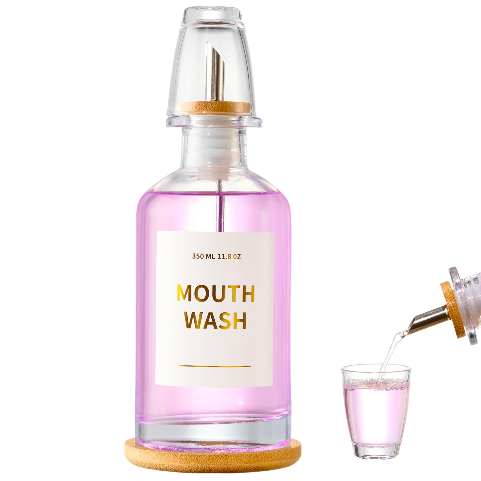 Glass Mouthwash Dispenser for Bathroom, 11.8oz Mouthwash Decanter Bottle with Stianless Steel Spouts, Mouthwash Containeer with Bamboo Holder, Refillable Cups, Reusable Funnel, Golden Stickers