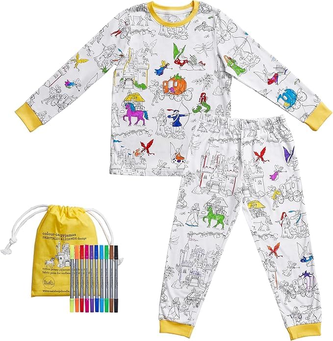 eatsleepdoodle coloring pajamas for boys and girls, with 10 washable markers, Kids Colorable Pajama 100% cotton