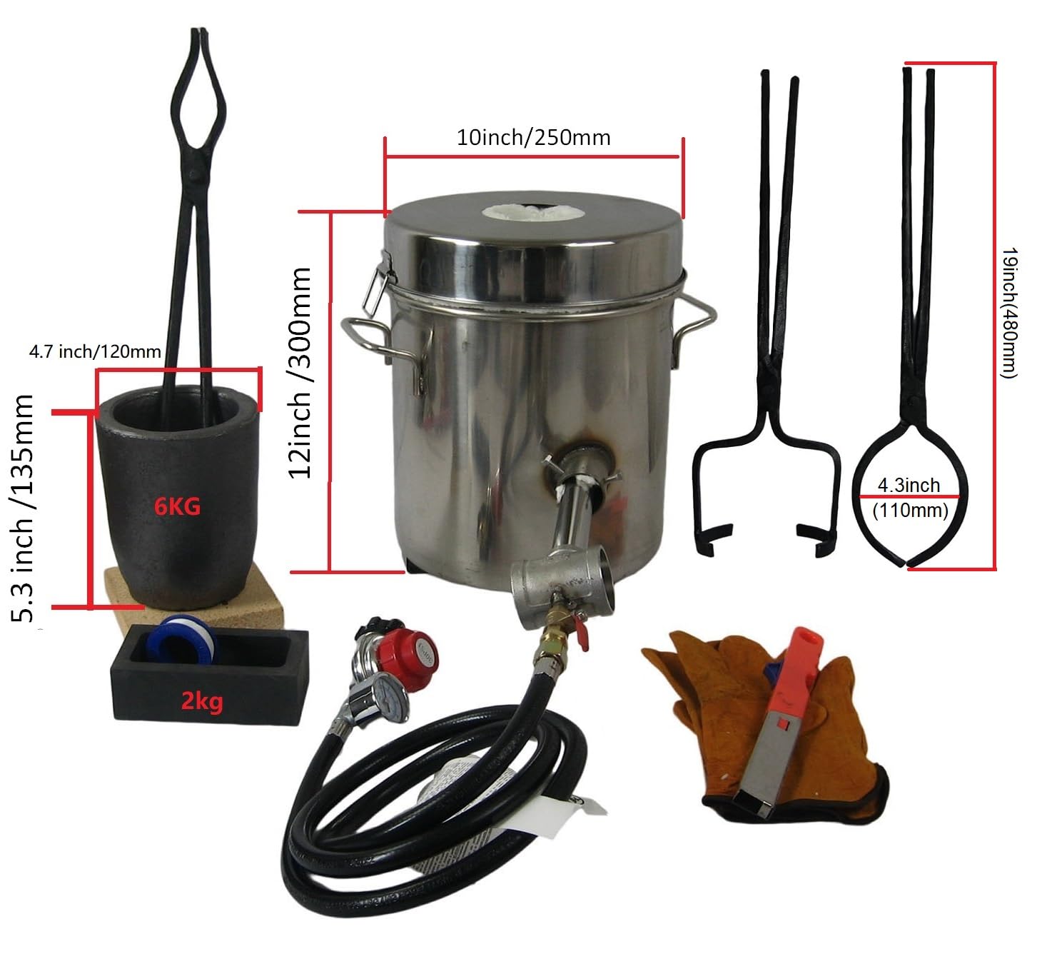 Propane Smelting Furnace Kits, 6kg(13LB) Graphite Crucible Furnace with Crucible Tongs, High Temp Casting Foundry Furnace for Melting Metal Recycle Gold Copper Aluminum