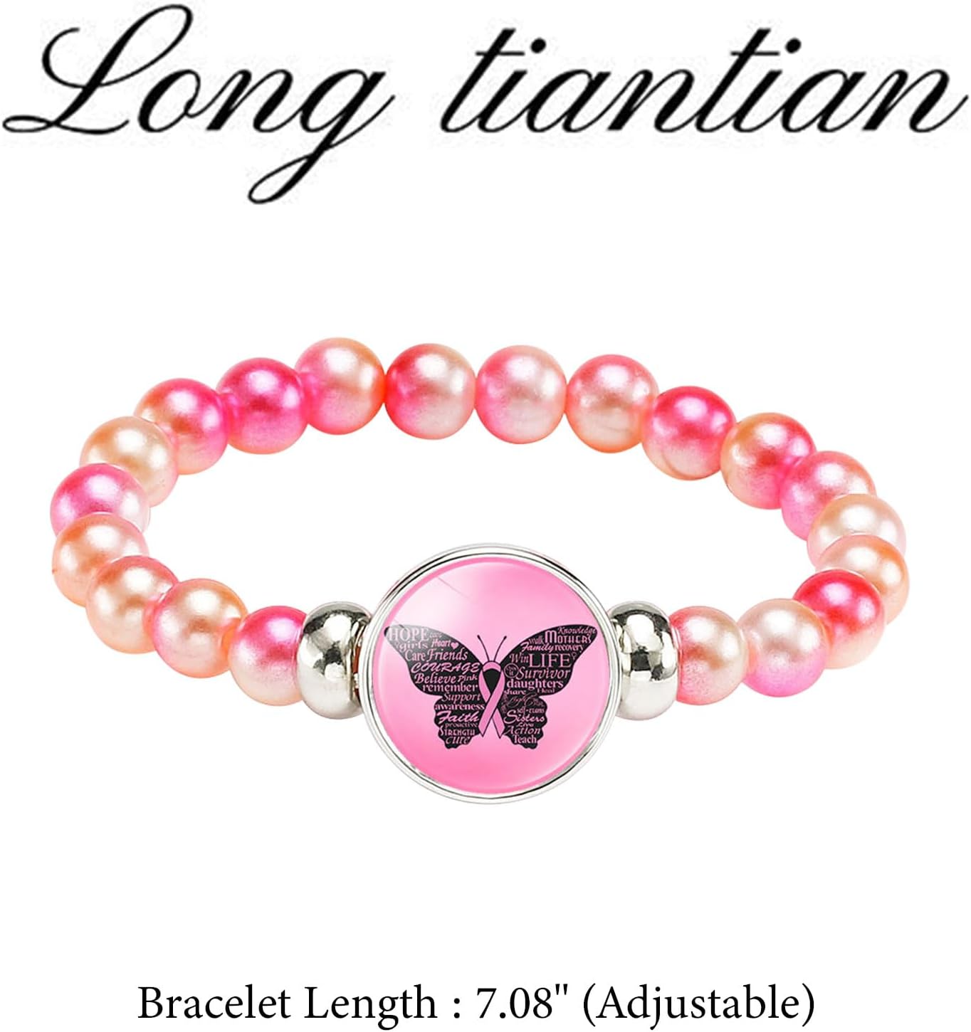 Long tiantian Breast Cancer Bracelet Natural Stone Beaded Bracelet Inspirational Pink Ribbon Cancer Awareness Bracelets Gifts for Woman With Message Card - Image 7