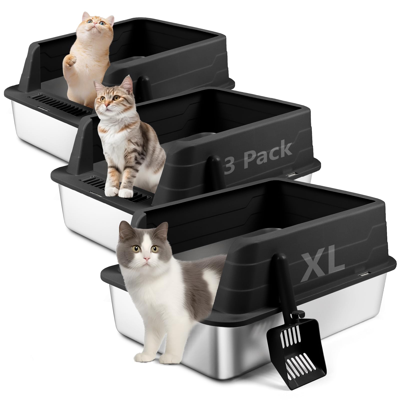 Bartuke 3 Pack Stainless Steel Litter Box, XL 22.9” x 15” x 10.3” High Sided Metal Cat Litter Tray with Scoop, Cat Litter Box for Anti-Splash, Non-Sticky, Easy to Clean (Black)