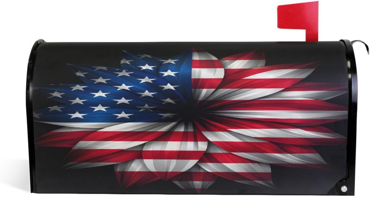 WOOR American Flag Magnetic Mailbox Cover Patriotic Floral MailWraps Garden Yard Home Decor for Outside Standard Size-18"x 20.8"