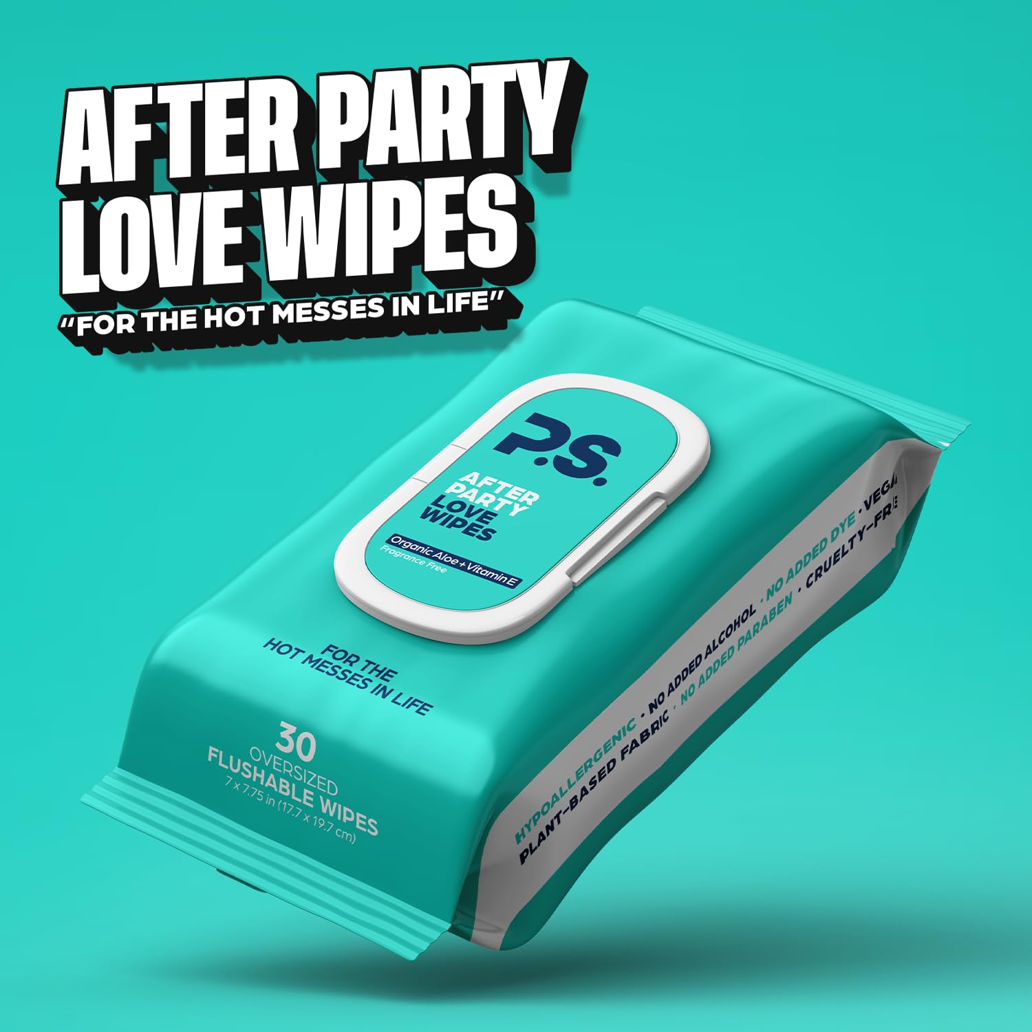 Afterparty Love Wipes - Oversized Flushable Wipes For Adults with Organic Aloe, Cucumber Extract, Oat Kernel Extract, & Vitamin E - Vegan, Plant Based, pH Balance for Women