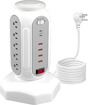Power Strip Tower 15 Outlets 6 USB Ports, Surge Protector with Colorful Led-Light & PD 30W USB-C Fast Charger, Desktop Charging Station with 6.5ft Heavy Duty White