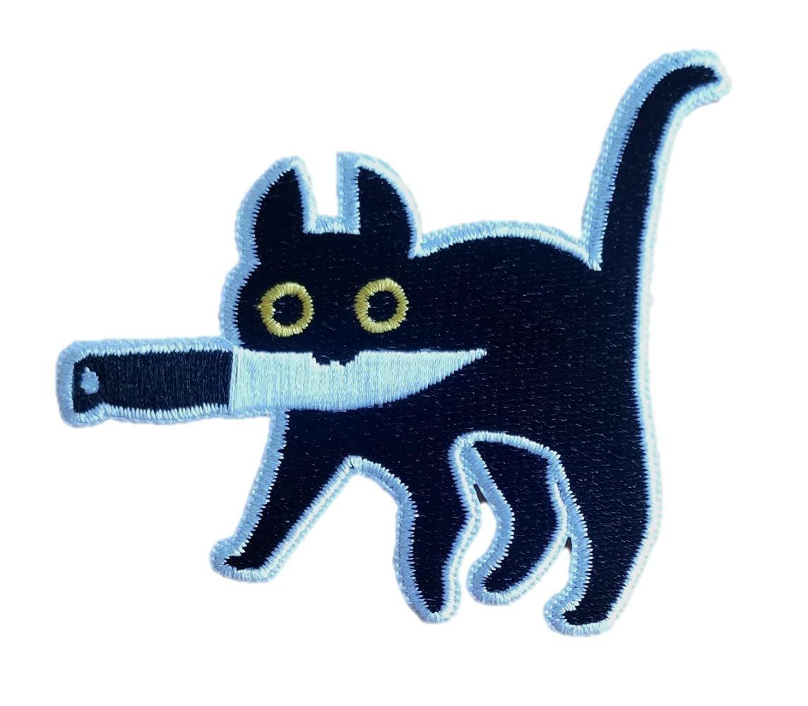 Cat with Knife, Funny Cute Black Cat Meme Patch - Iron On/Sew On - Cute Applique for Jackets, Jeans, Hats, Clothes, Backpacks, Tote Bags