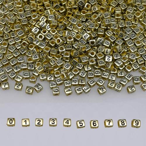 500+ Pcs 6x6mm Golden Cube Acrylic Number Beads 0-9 Mixed Plastic Shape Beads for Jewelry Making Bracelets Necklaces Key Chains (Black on Golden)