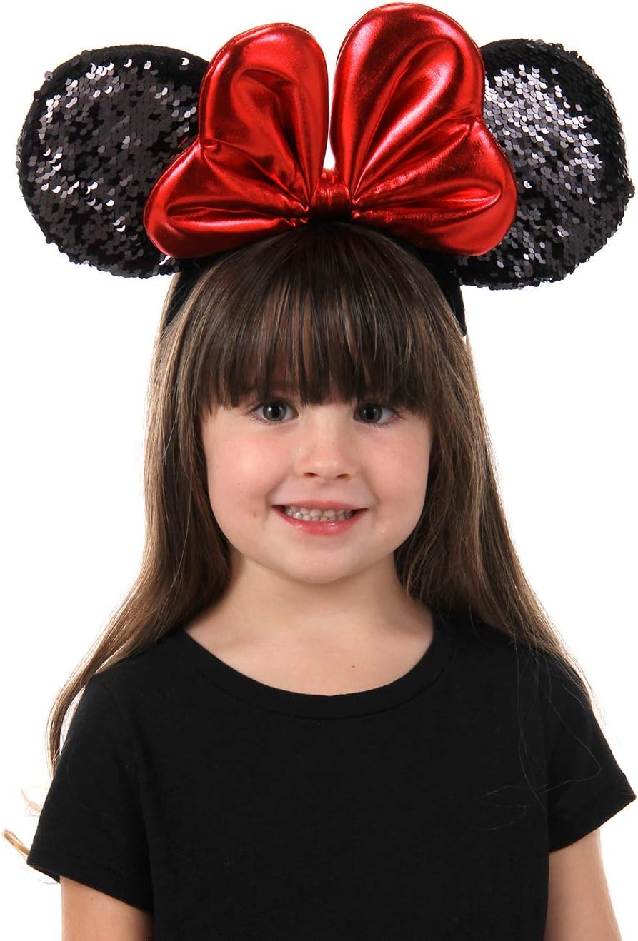 Disney Minnie Sequin Ears Red Headband - Faux Fur with Metallic Satin Bow, Officially Licensed, Costume Accessory