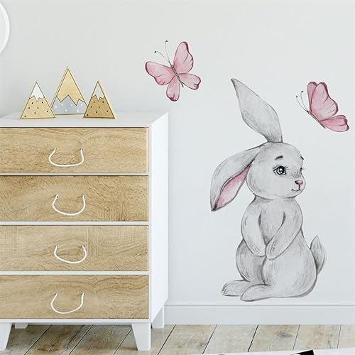 Miniatura 3 de Calcomanías de pared pintadas a mano, diseño de conejo, mariposa rosa, estilo de pintura, diseño de conejito grande, lindo animal, despegar y pegar,