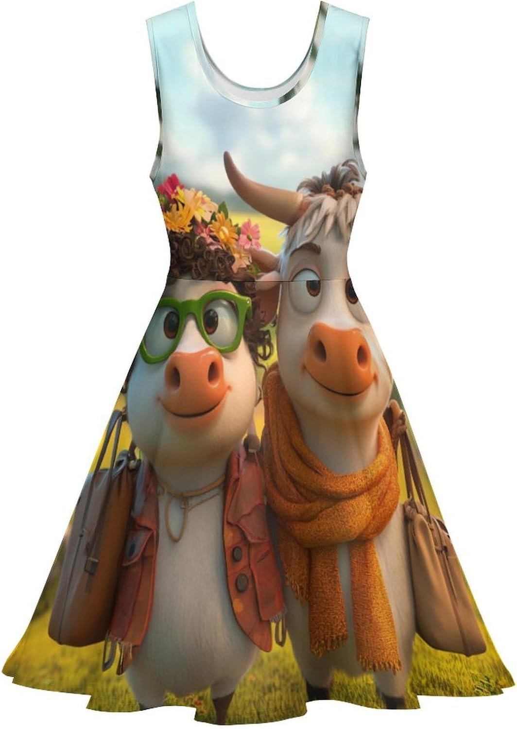 Funny Cows Women's Dresses Round Neck Dress Sleeveless Tank Dress Ruffle Hem Sundress