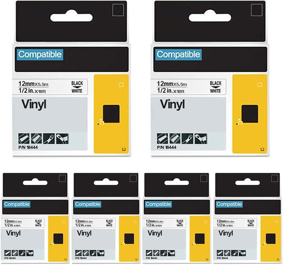 FlyLong Compatible 18443 3/8" Rhino 5200 4200 Label Tape Replace for DYMO Rhino Industrial Permanent Vinyl Labels for DYMO Rhino 5000 6000 6500 Label Maker, Black on White, 9mm x 5.5m, 6-Pack