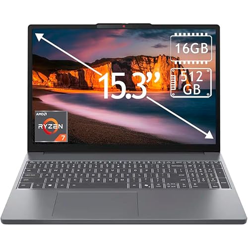 Lenovo IdeaPad Slim 3 15.3" 2K Touchscreen Laptop, AMD Ryzen 7 170 Processor, 16GB DDR5 RAM, 512GB PCIe SSD, Full HD Webcam, Wi-Fi 6, Bluetooth, Windows 11 Home, Luna Grey