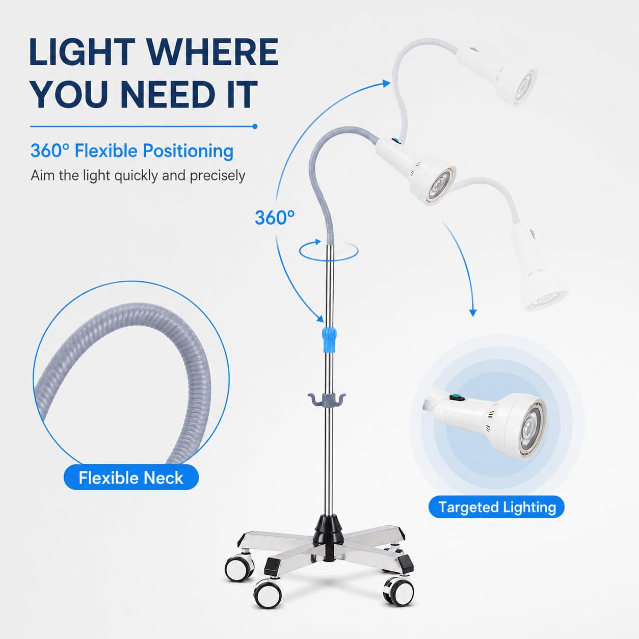 Mobile Untersuchungslampe, Einstellbare Höhe Stehlampe Dental Mobile Led mit 4-Universalrädern 2 mit Bremsen, 360° Drehbar Untersuchungsleuchte Ambulanzen, Gynäkologie, Schönheitssalons