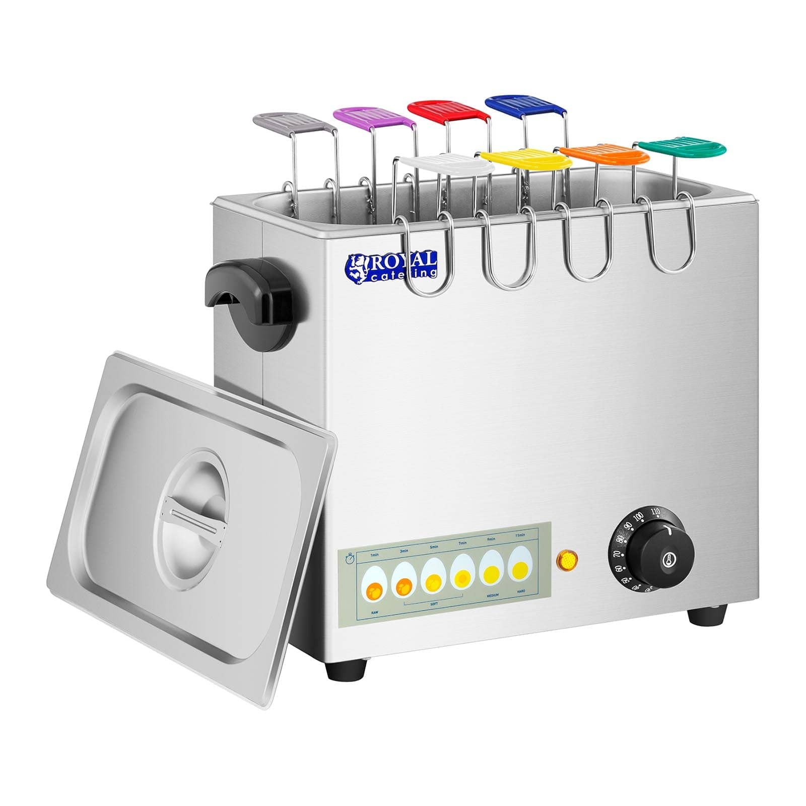 Royal Catering Cuiseur à oeufs cuit-œufs électrique coquetier professionnel RCEB-8T (2 600 watts, Jusqu’à 8 œufs, Acier inoxydable, 8 cuillères à œufs, 4 coquetiers)