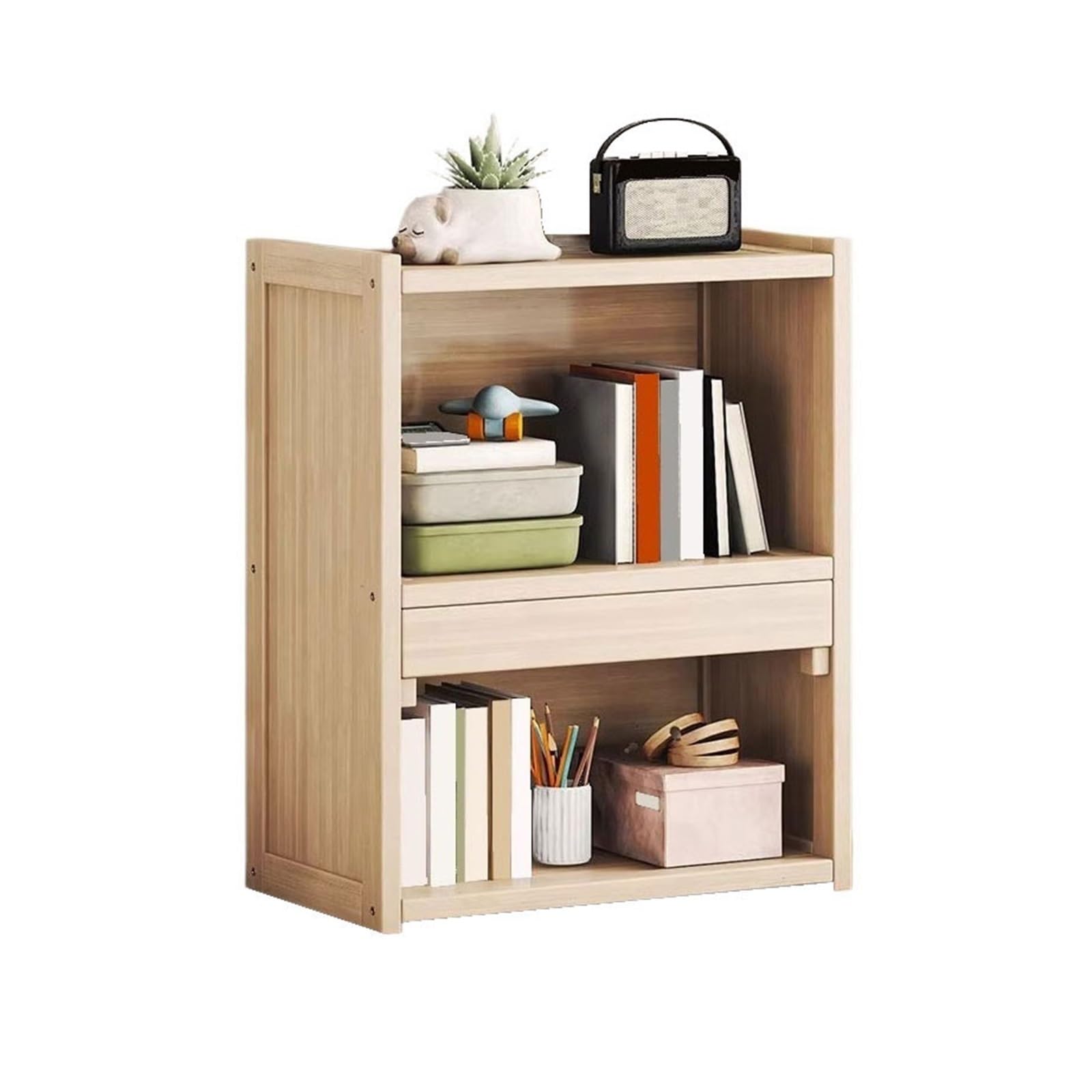 Shihan-2015 Bookcase Open Storage Display Rack Wooden Bookshelf 3-Tier with Drawer Dorm Desk Organizer Stand Display Shelf